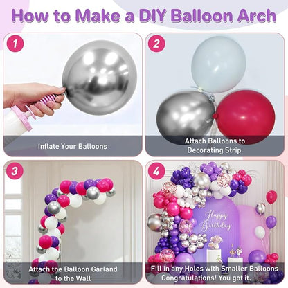Hot Pink Purple White Silver Balloon Garland Arch Kit - Image 3