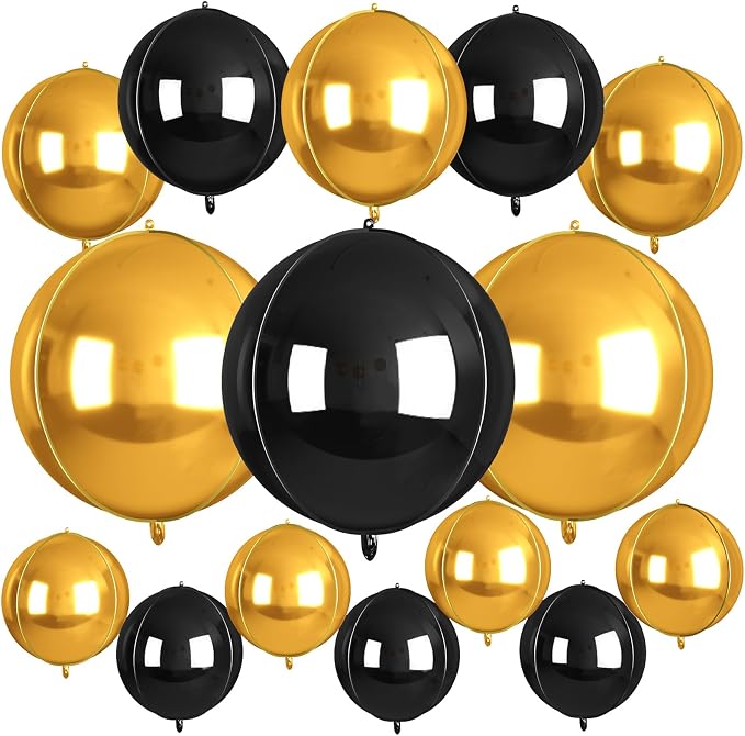 15 Pcs Black and Gold Round Foil Balloons, 22/15/10 Inch 4D Ball Balloons Black by Sowide