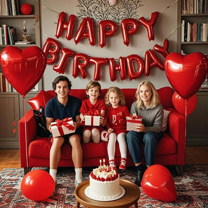 27 Pcs Red Birthday Decorations, 3D Foil Red Happy Birthday Balloon Banner - Image 5