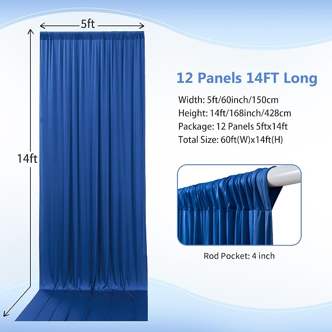 60ft×14ft Royal Blue Wrinkle Free Backdrop Curtain - Image 2