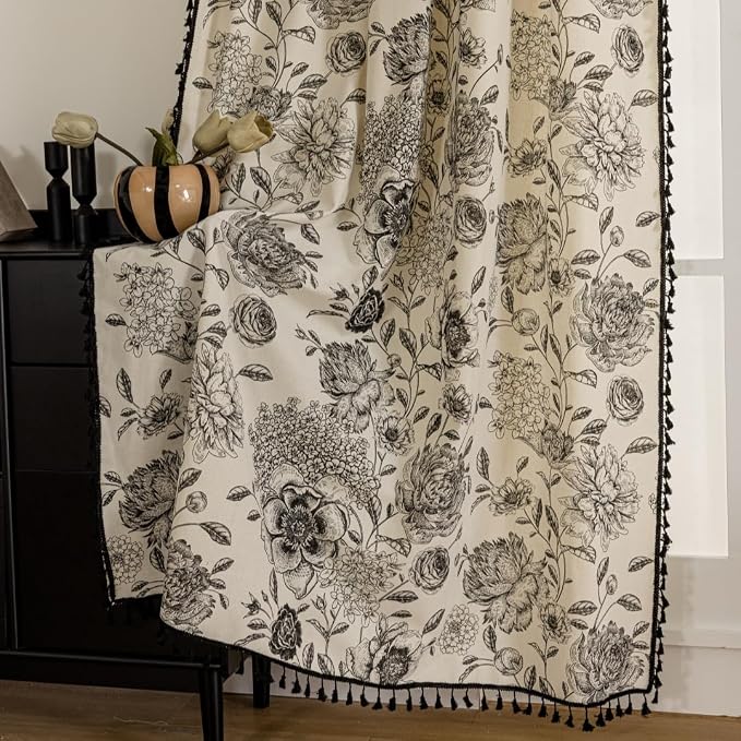 F-CHU Black Floral Farmhouse Curtains Living Room Drapes 84 Inch Length Cotton by F-CHU