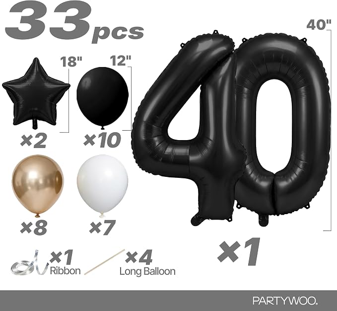 PartyWoo Number Balloons 40 Inch Black Number 40 Kit 33pcs - Image 2