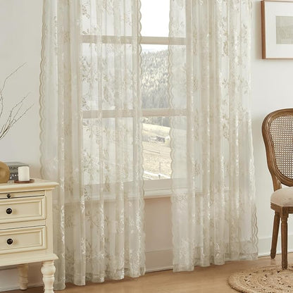 Khaki Lace Curtains 54 Inch Length 2 Panels Set Country Taupe Floral Curtains - Image 3