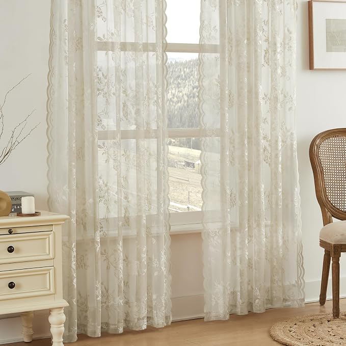 Khaki Lace Curtains 102 Inches Long 2 Panels Vintage Floral Curtains by SEEKRIGHTHomeDecor