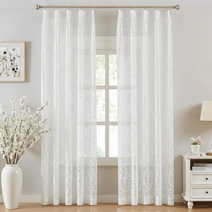 Bujasso White Lace Pinch Pleat Curtains 108 inch, Vintage Floral Sheer Drapes by Bujasso