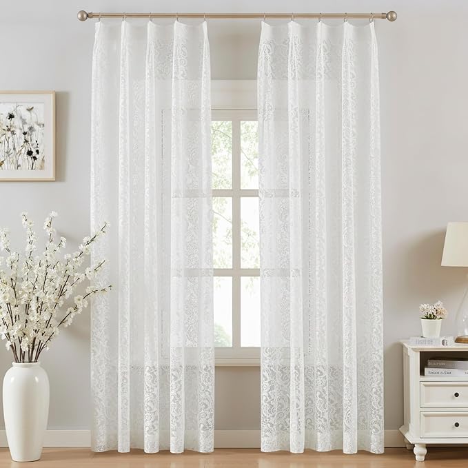 Bujasso White Lace Pinch Pleat Curtains 90 inch, Vintage Floral Sheer Drapes by Bujasso