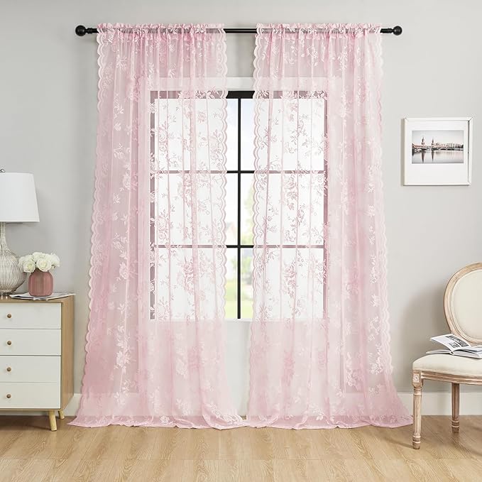 Light Pink Lace Curtains 84 Inch Length 2 Panels Rod Pocket Large Floral Lace - Image 2
