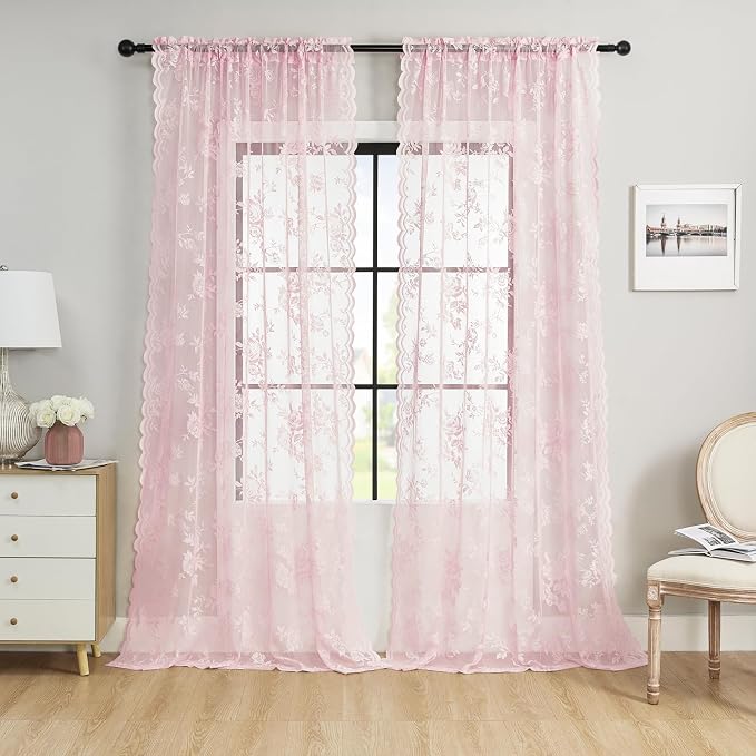 Light Pink Lace Curtains 45 Inch Length 2 Panels Rod Pocket Large Floral - Image 2