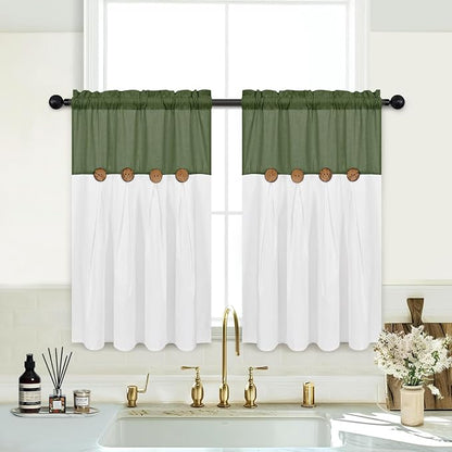 Farmhosue Kitchen Curtains 36 Inch Length, Rustic Cotton Linen Tier Curtains by FRAMICS