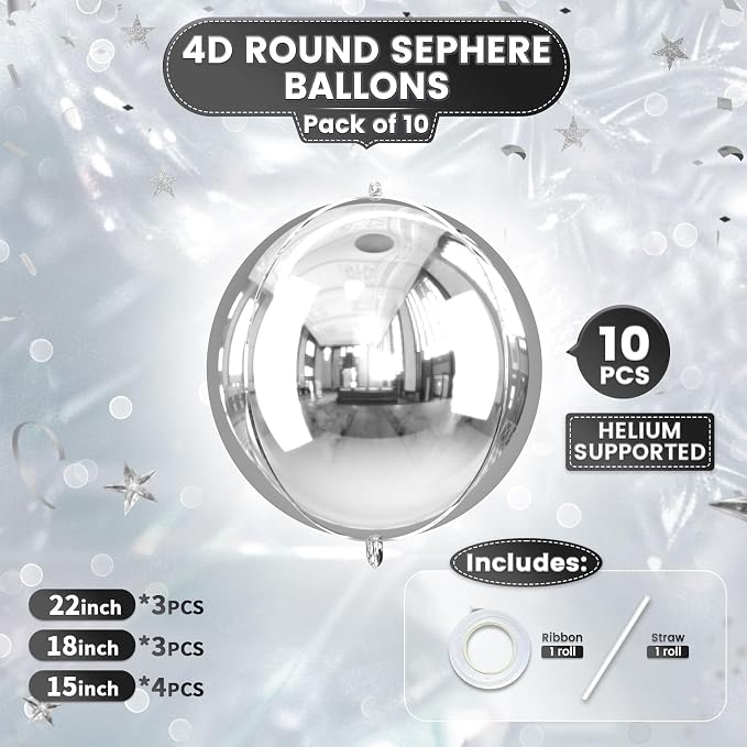 10Pcs Silver Round Foil Balloons, Metallic Silver Foil Baloon - Image 2