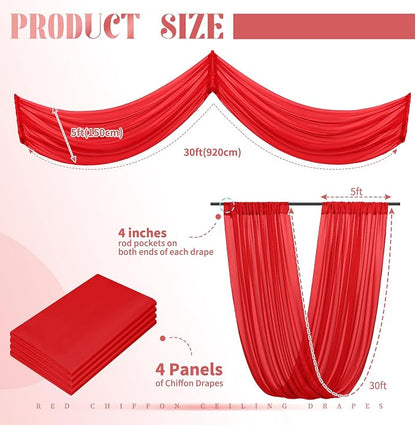 4 Panels Red Ceiling Drapes for Wedding Ceiling Drapes 5ftx30ft Wedding Arch - Image 2