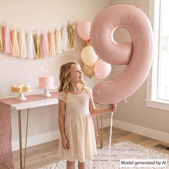 Baby Pink Number 9 Balloon 40 Inch, Muted Pastel Numeral Party Supplies | - Image 6