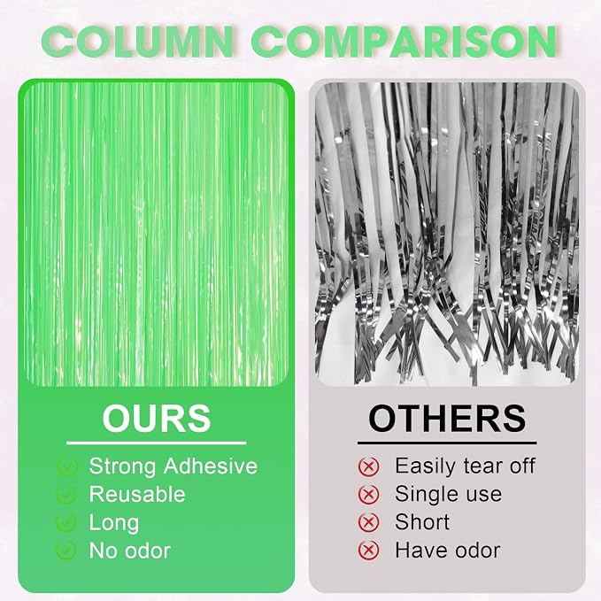 Voircoloria Pastel Green Foil Fringe Backdrop Curtains, 3 Pack | Tinsel - Image 4