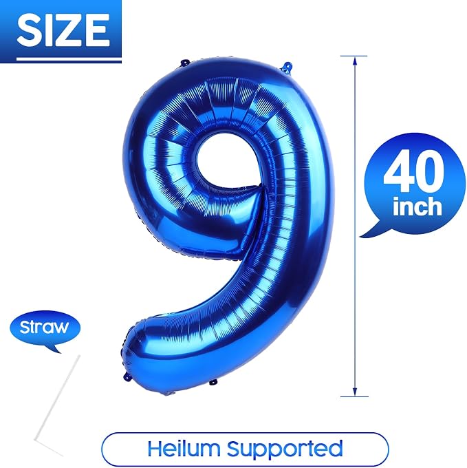 9 Balloon - Metallic Blue Birthday Number Balloons, 40 Inch Decorations | - Image 5