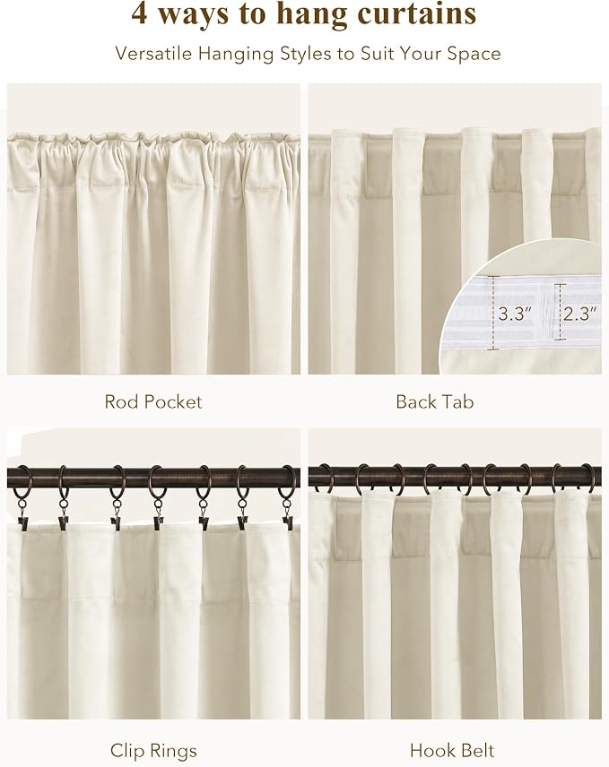 Ivory White Velvet Curtains for Nursery Back Tab, W52 x L84, Thermal Insulated - Image 2