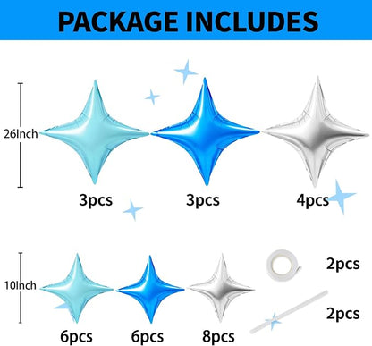 TONIFUL 30 Pcs Four Pointed Star Balloon 26In&10In Silver Blue Foil Balloon | - Image 2