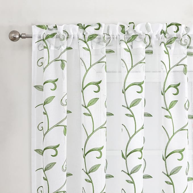White Sheer Curtains Green Embroidered Leaves 2 Panels 54Wx63L | Light - Image 3