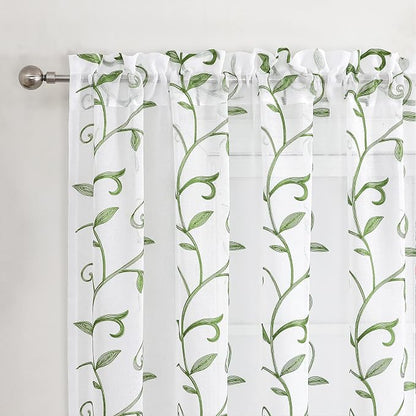 White Sheer Curtains Green Embroidered Leaves 2 Panels 54Wx63L | Light - Image 3