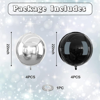 8 Pcs Black Silver Round Foil Balloons Metallic Silver Black 4D Ball Balloon - Image 2