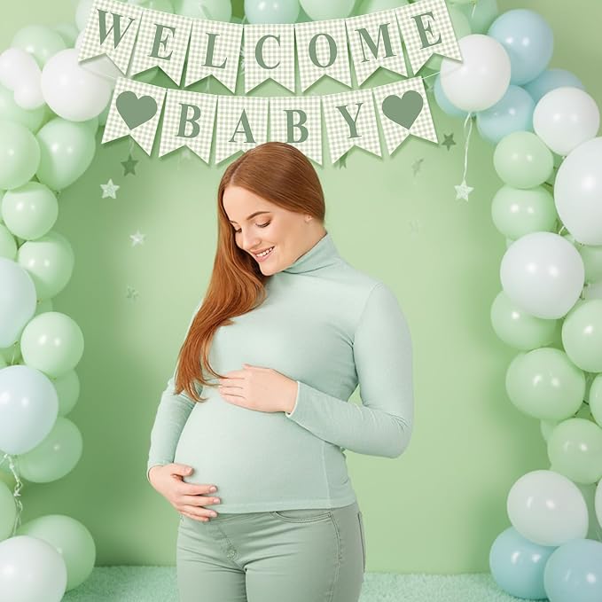 Hahafelt 1 Pcs Sage Green Gingham Welcome Baby Banner - Image 6