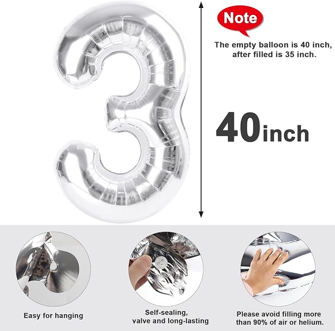 3 Balloon Numbers Party Decorations, 40In Silver Balloons - Image 7