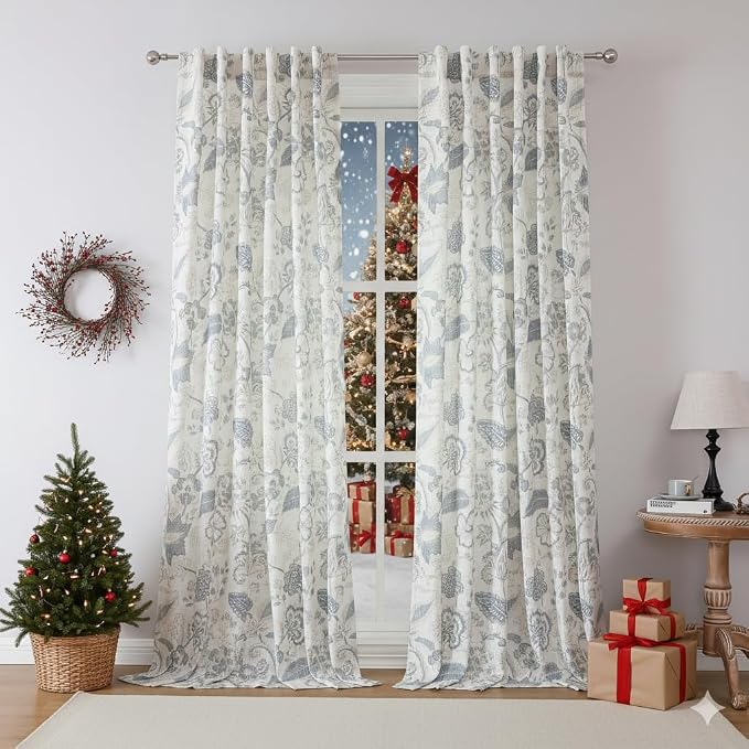 Kayne Studio Blue Grey Floral Botanical Rod Pocket Semi Sheer Curtains 95"L | - Image 9
