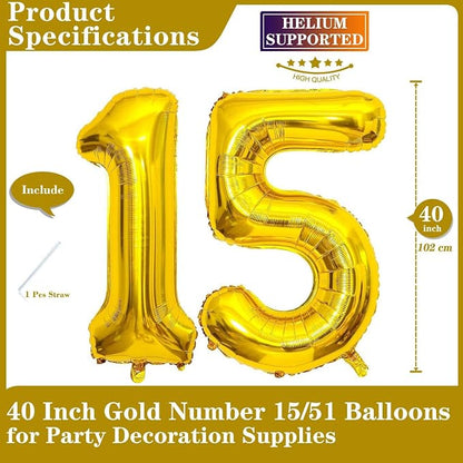 Gold 15 Number Balloons, 40 Inch Giant Number 15 Balloons Foil Mylar Helium - Image 2