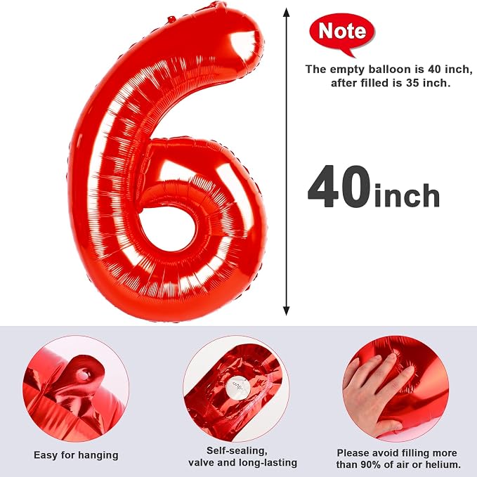 6 Balloon Numbers Party Decorations, 40In Red Balloons - Image 6