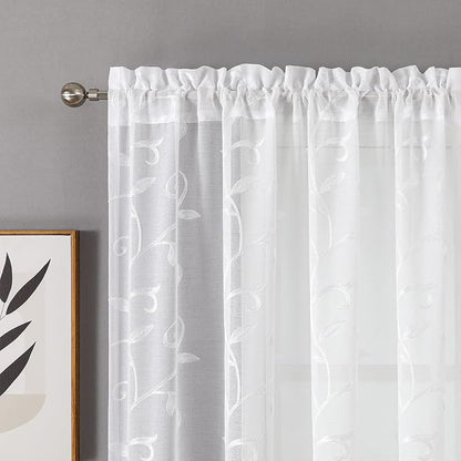 White Sheer Curtains Embroidered Leaves 2 Panels 54Wx120L | Light Filtering - Image 3