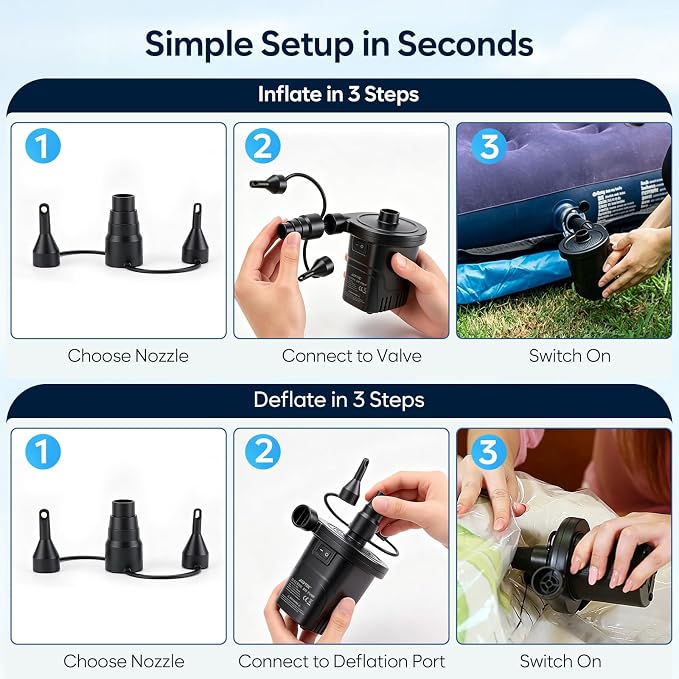AGPTEK Rechargeable Air Pump, 4000mAh Quick-Fill Inflator Deflator, 3 Nozzles | - Image 8