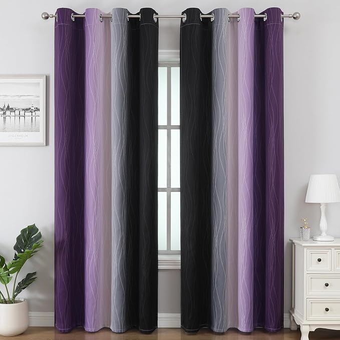 Purple and Black Ombre Blackout Curtains 102 Inches Long 2 Panels Set, Thermal - Image 2
