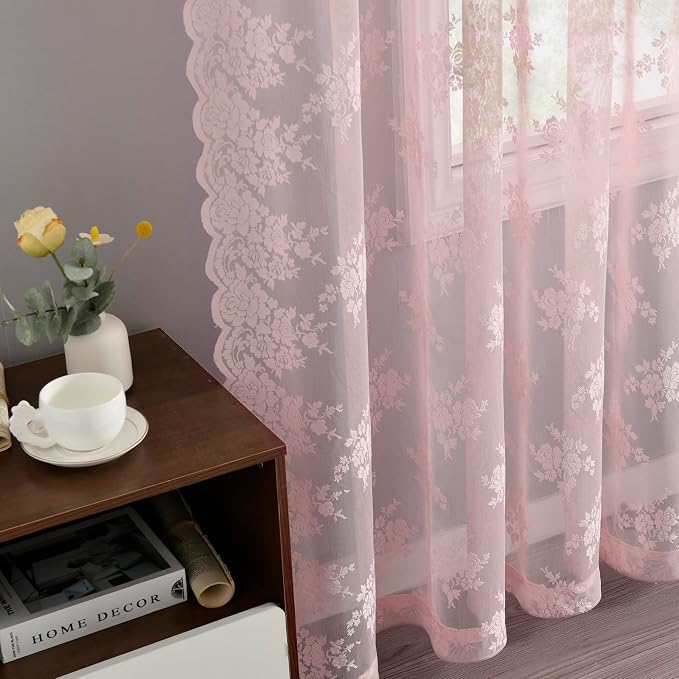 Kotile Vintage Pink Lace Curtains - Image 6
