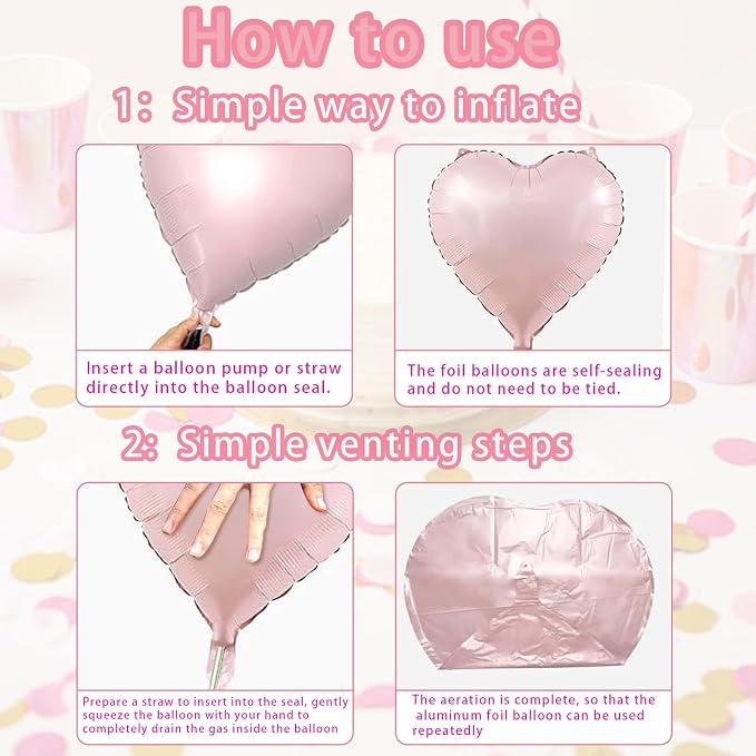 Pink Heart Balloons, 18inch Bright Pink Heart Shaped Foil Balloons & Baby Pink - Image 8