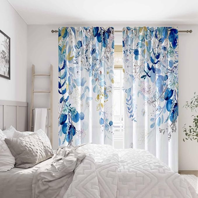 Blue Eucalyptus Curtains 63 Inch Length 2 Panels, Leaves Plant Drapes - Image 6