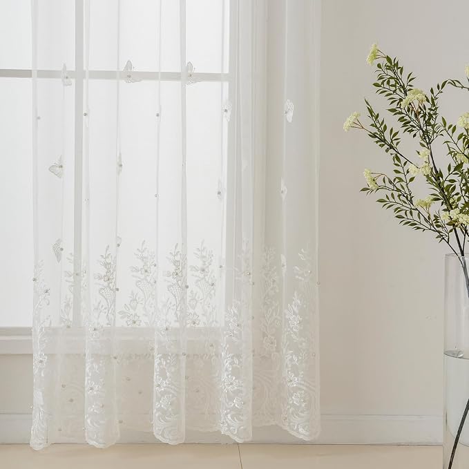 White Sheer Voile Curtains White Embossed Butterflies 72 Inches | Light - Image 2