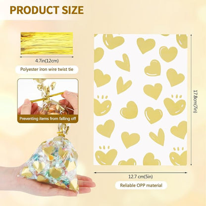 COQOFA 100 Pcs 5x7 IN Gold Heart Cello Cellophane Gift Bags - Image 2