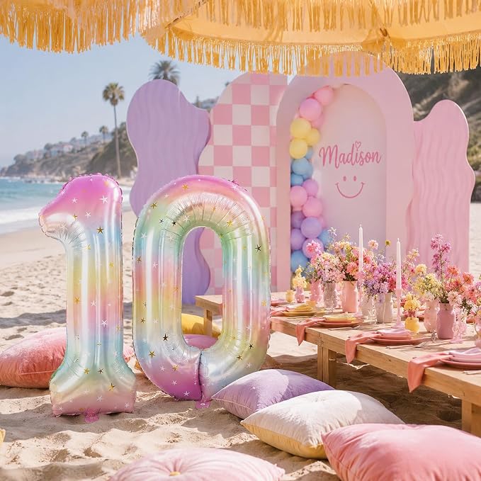 40 Inch Rainbow Number Balloon, Large Stars Gradient Multi Color Foil Balloons - Image 6