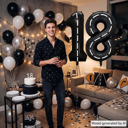 Black and White Stripes Number 18 Balloon 40 Inch, Foil Track Numeral | - Image 2