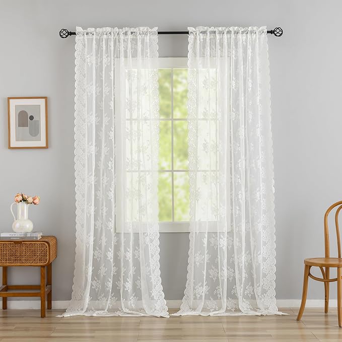 Kotile Extra Long Ivory Lace Curains - Image 9