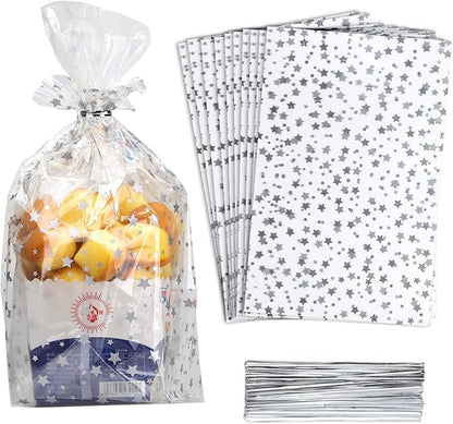 100 Pcs Star Printed 8"X 12" Gift Wrap Cello Cellophane Treat Bags Party Favor by COQOFA