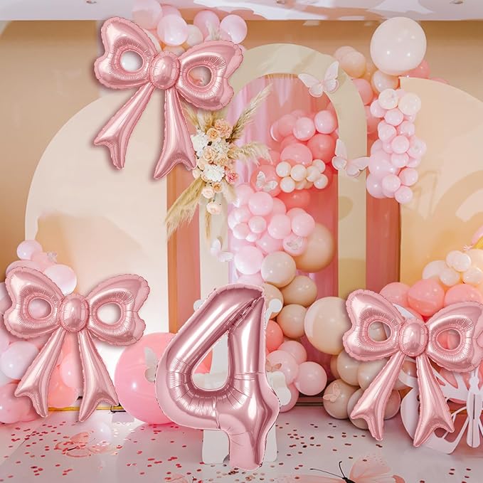 Bow Number 4 Birthday Balloons, Coquette Party Decorations Supplies - Image 2