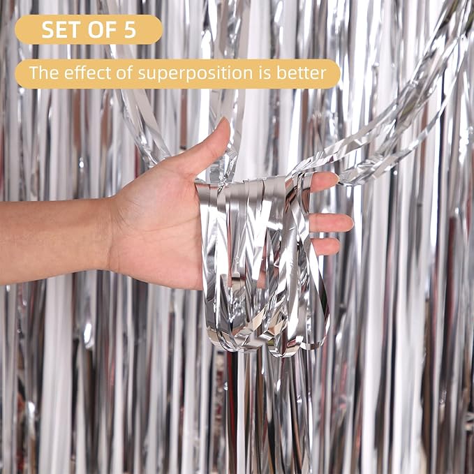 5 Pack Silver Fringe Backdrop 3.2ft x 8.2ft Foil Fringe Curtains Party Tinsel - Image 2