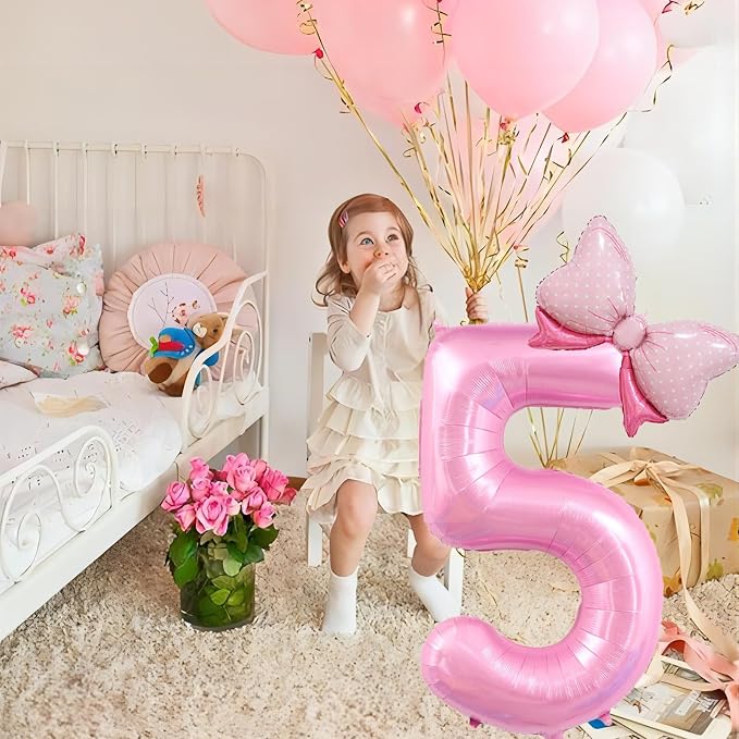 40 inch Number 5 Balloon with Bow Pink Happy Birthday Jumbo Number Balloon - Image 4