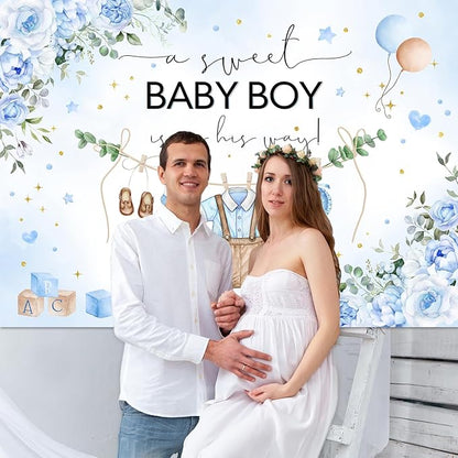 InMemory Blue Baby Shower Backdrop Oh Baby Clothes Welcome Newborn Party - Image 3