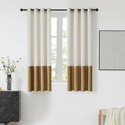 BULBUL Color Block Window Curtains Panels 63 inches Long Cream Ivory Gold by ModernShinyVelvetCurtains