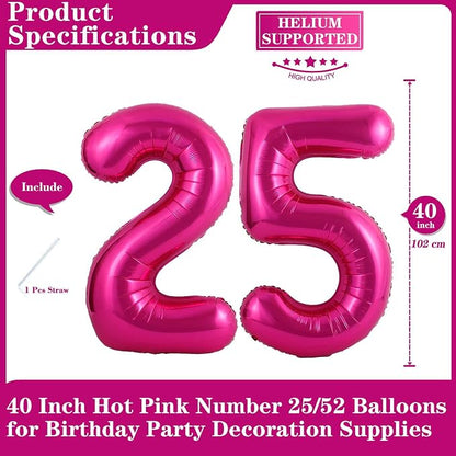 Hot Pink 25 Number Balloons, 40 Inch Giant Number 25 Balloons Foil Mylar Helium - Image 2