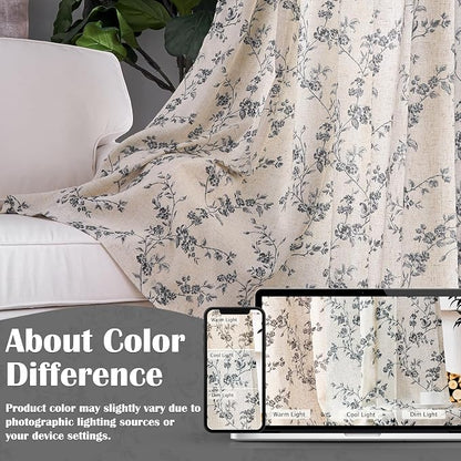 Black Vintage Floral Linen Curtains Farmhouse 38W X 84L 2 Panels | Elisa Series - Image 5