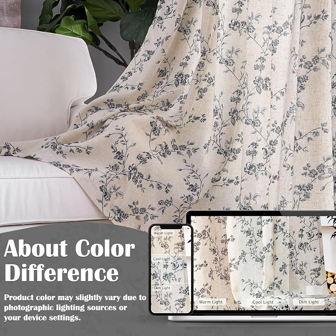 Black Vintage Floral Linen Curtains Farmhouse 50W X 96L 2 Panels | Elisa Series - Image 7
