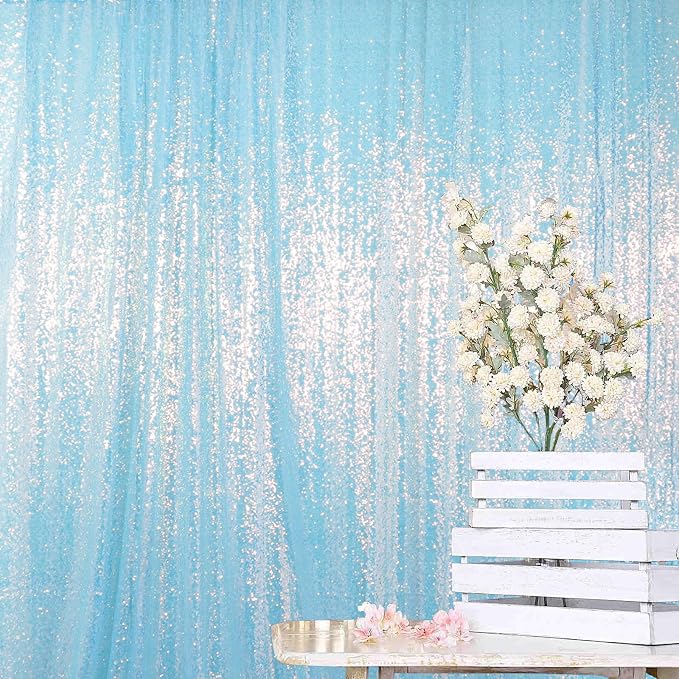 ShinyBeauty 10x10FT Iridescent Aqua Blue Sequin Backdrop Shimmer Wall Photo - Image 5