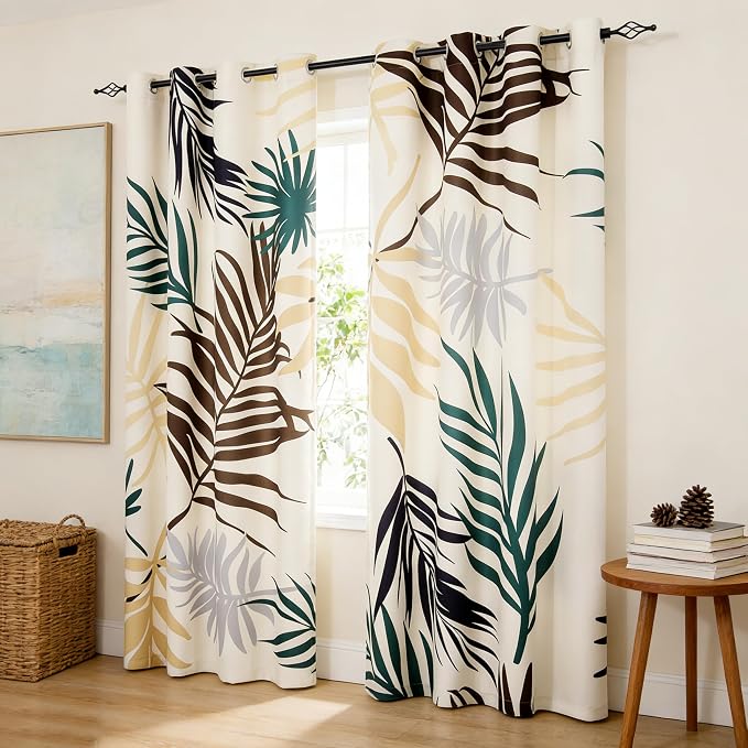 SUBRTEX Boho Leaf Printed Curtains 95 inch Long 2 Panels, Room Darkening by Subrtex